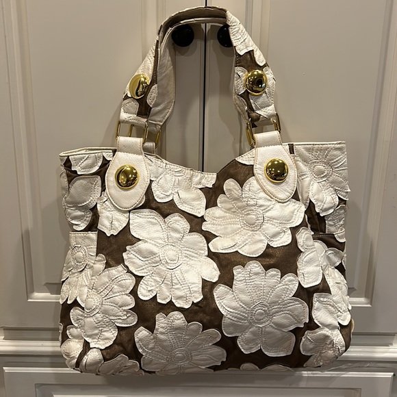 Like NEW! VINTAGE BIG Buddha Expresso brown w/ White Abstract flowers Bag - Picture 8 of 13